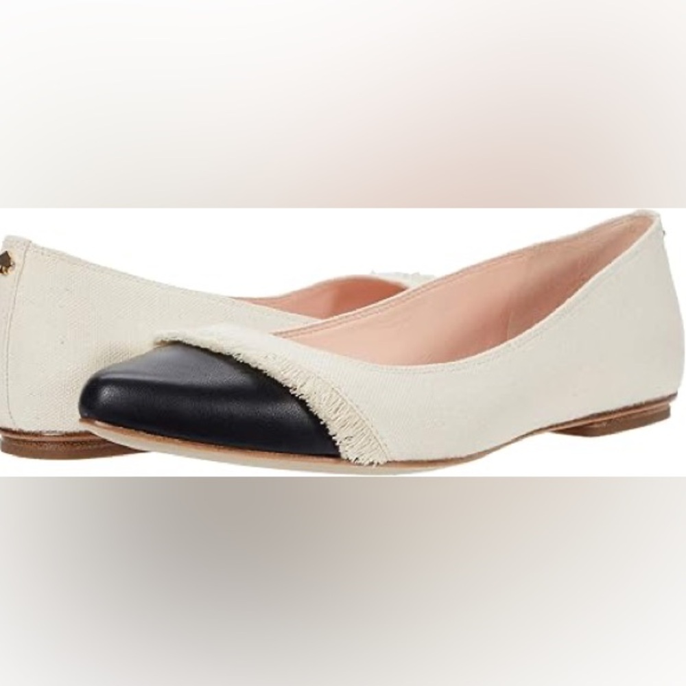 kate spade Cream Canvas and Black Leather Cap-Toe Fringe Flats